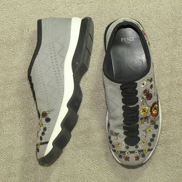 Fendi Women's Size 6.5 / 37 Grey Floral Embroidered Knit Fabric Slip On Sneakers - Picture 1 of 7